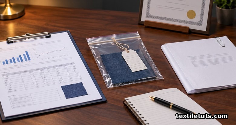 Desk scene with a lab report on a clipboard, a sealed fabric evidence bag with a chain-of-custody tag, a folded claim letter, and an accreditation certificate.