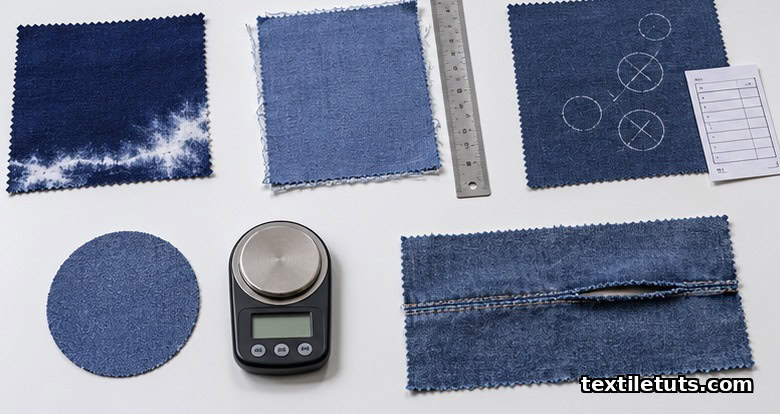 Flat-lay of textile defect test samples including a dye-transfer swatch, a shrinkage ruler, a 4-point grading swatch, a weight scale, and a seam slippage sample.