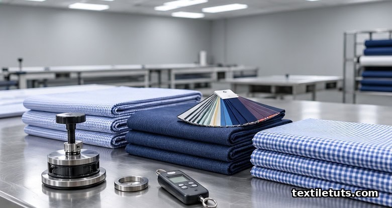 Textile inspection table with stacked woven shirting bolts, a GSM punch scale, and a color swatch fan deck under cool fluorescent lights.