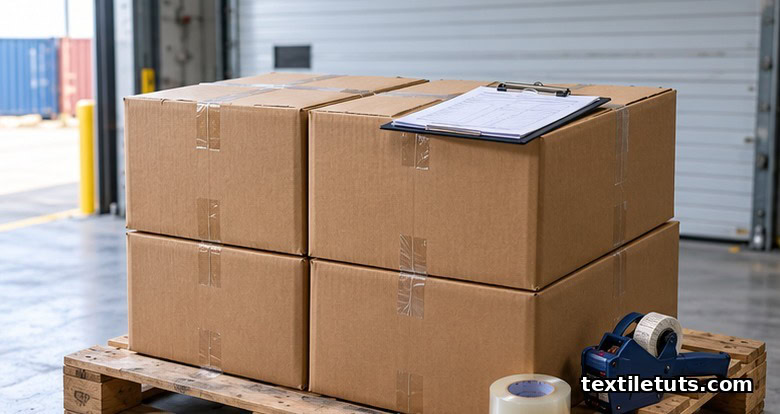 Sealed corrugated cartons of woven garments stacked on a loading-dock pallet beside packing lists and customs forms.