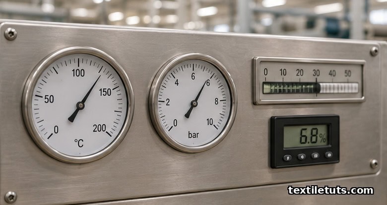 Close-up of a calendar machine control console with temperature dial, pressure gauge, line-speed indicator, and moisture readout.