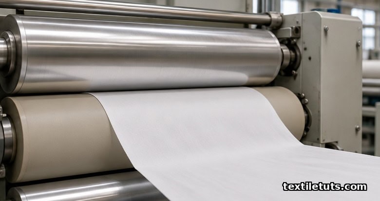 Industrial calendar machine with steel and elastomer rollers feeding white fabric through the nip in a textile finishing line.