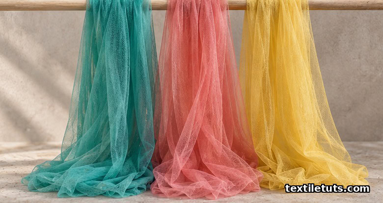 Three freshly dyed lengths of tulle in aquamarine, coral pink, and yellow hung to dry over a wooden dowel against a neutral plaster wall.