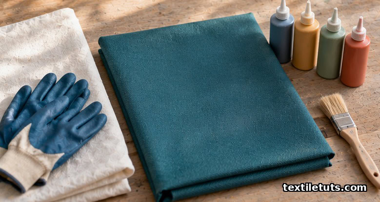 Overhead editorial shot of a folded teal Sunbrella fabric bolt with fabric paint bottles and a brush on a sunlit workbench.