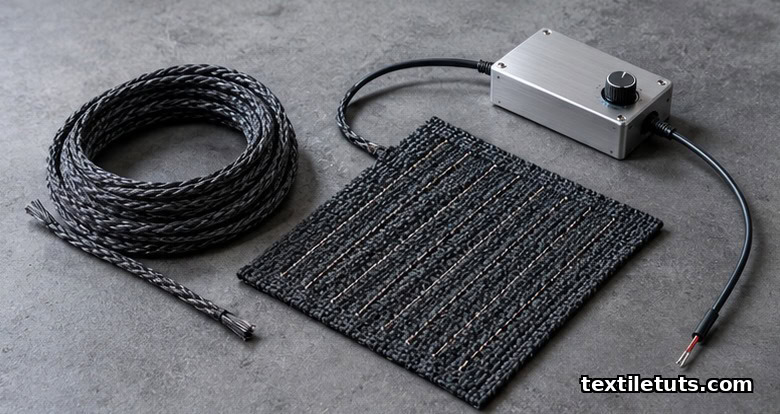 Carbon fiber heating veil and knitted patch displayed next to a PWM controller and insulated cable on a slate surface.