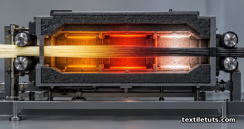 Cutaway view of a carbonization furnace where pale PAN precursor tow is heated through stabilization, carbonization, and graphitization zones to become black carbon fiber.