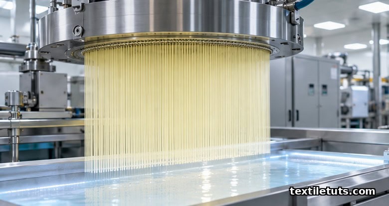 Industrial carbon fiber precursor extrusion line with a stainless-steel spinneret extruding fine pale-yellow filaments into a coagulation bath.
