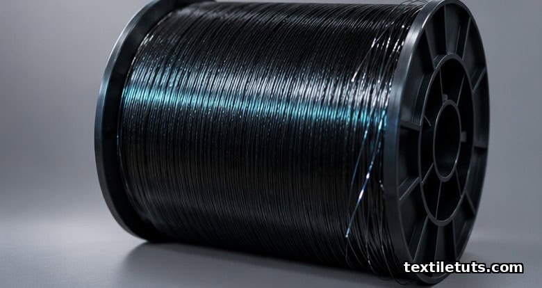 Macro photograph of glossy black carbon fiber tow spooled on a bobbin, showing fine parallel filaments with metallic sheen.