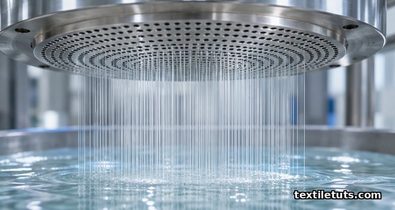 Close-up cross-section of a dry-jet wet spinning spinneret extruding fine PAN filaments through an air gap into a clear coagulation bath.