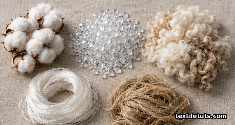 Flat-lay of cotton bolls, polyester pellets, wool locks, nylon threads, and flax fibers arranged for fiber emission comparison.