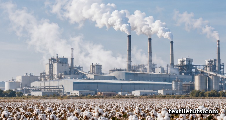 Aerial view of a textile factory with smokestacks emitting plumes beside cotton fields, illustrating textile industry carbon emissions.