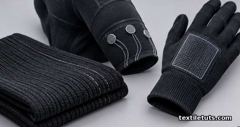 Wearable electronic textile made from carbon nanotube fibers, showing a conductive knitted garment with integrated electrodes.