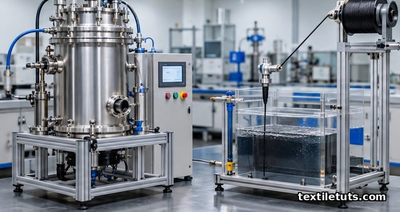 Industrial wet spinning line and CVD reactor used to manufacture continuous carbon nanotube fibers in a research lab.
