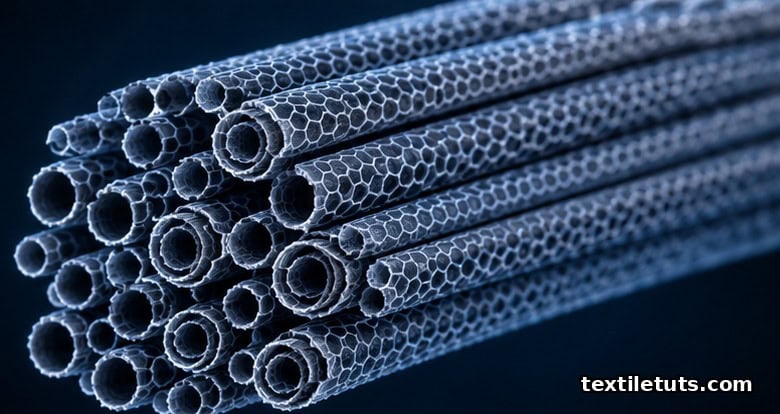 Microscopic view of bundled carbon nanotube fibers with coaxially aligned hollow tubes forming a continuous filament.