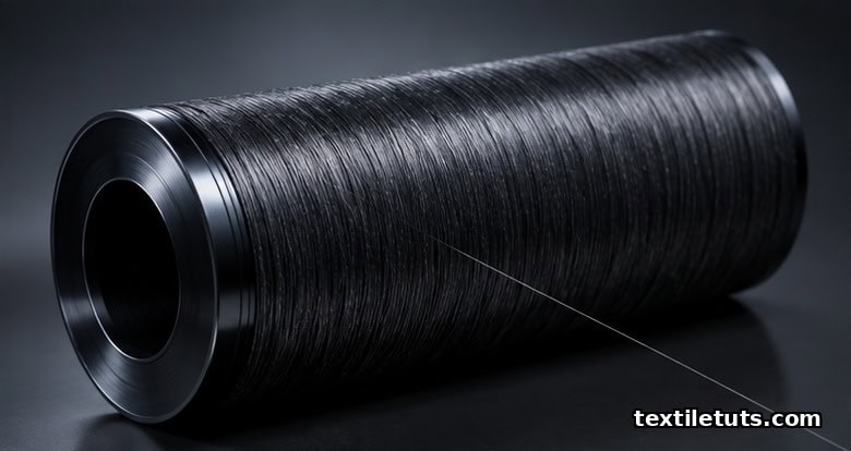 Close-up of bundled carbon nanotube fibers wound on a spool, showing fine dark filaments with a metallic sheen.