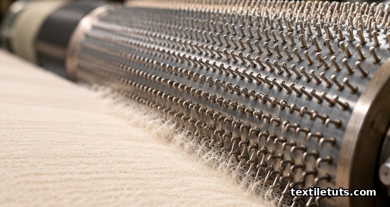 Industrial card wire raising machine with cylindrical roller covered in bent steel needle points against fabric.