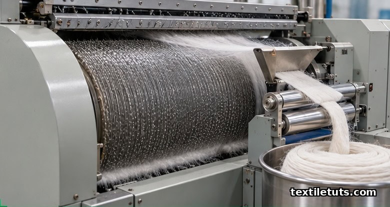 Flat-top carding machine with rotating cylinder and revolving flats condenses individualized cotton fibers into a continuous sliver that coils into a sliver can.