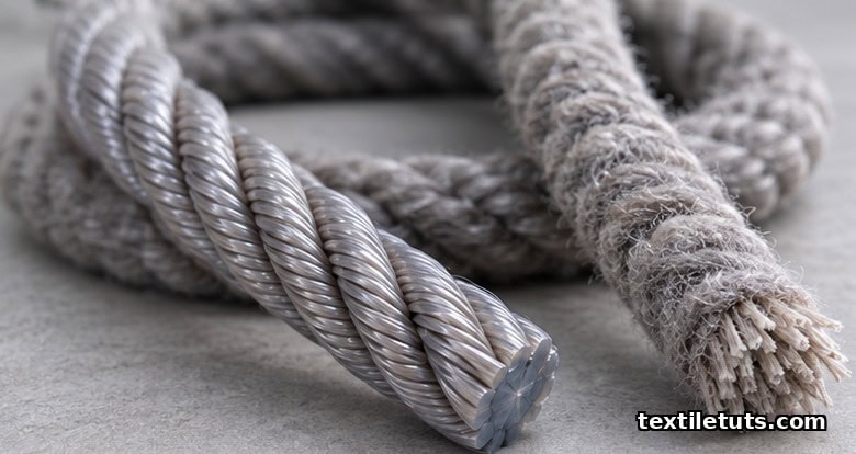 Close-up of two heavy two-ply carpet yarn cables coiled on a workbench, showing smooth BCF and hairier staple-spun surface.