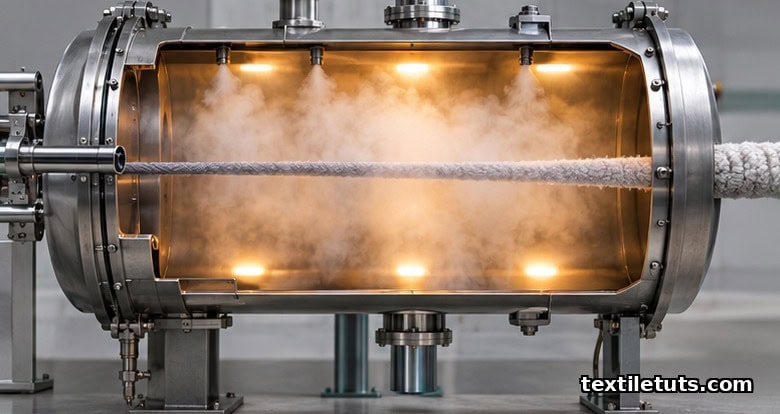 Cutaway of a saturated steam autoclave with a carpet yarn threadline passing through it for Superba-style heat-setting.