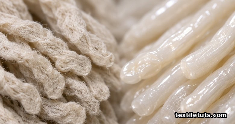 Macro comparison of cotton fibers before and after causticizing showing rounder cross-section and glassy luster.