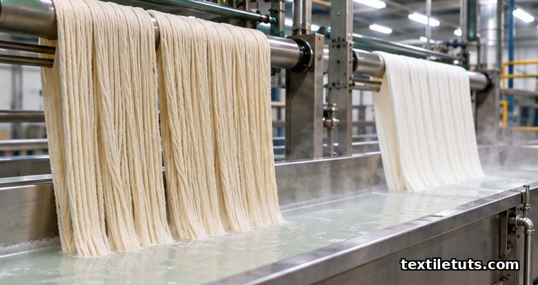 Cotton yarn passing through concentrated sodium hydroxide bath showing silky luster from the causticizing process.