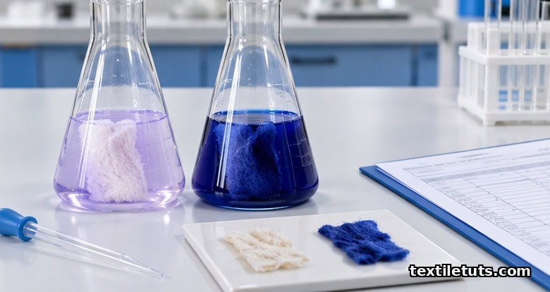 Laboratory flasks comparing unmercerized pale violet cotton with causticized deep blue cotton during quality testing.