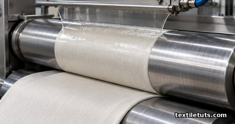 Pad mangle applying clear resin finish to cotton knit fabric passing between pressure rollers.