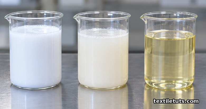 Three glass beakers on a steel counter holding milky-white acrylic latex, off-white SBR emulsion, and clear pale-yellow EVA binder dispersion.