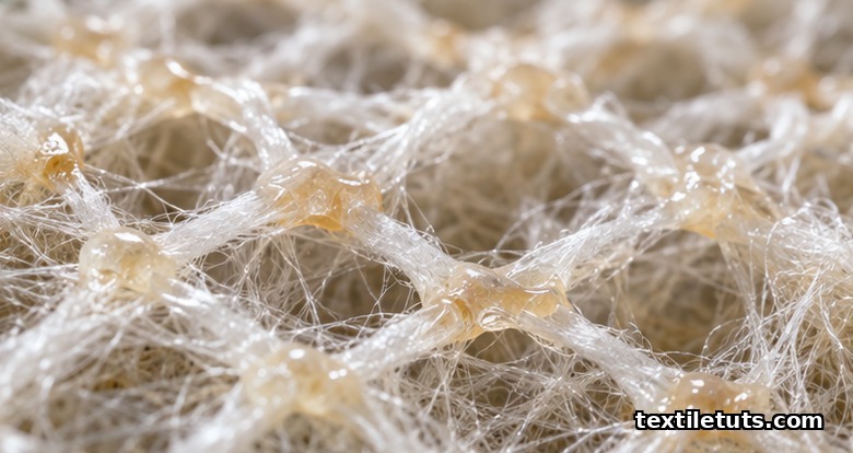 Macro shot of cured polymer binder droplets bridging white polyester fibers at their crossings, locking a chemical-bonded nonwoven web into a coherent fabric.