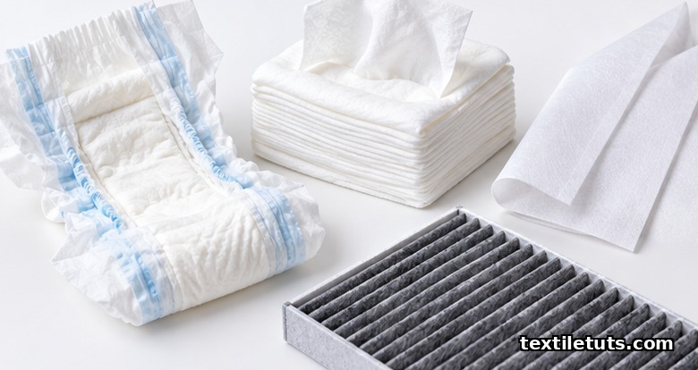 Flat-lay of chemical-bonded nonwoven end products: stacked baby wipes, diaper cutaway, collar interlining, and automotive cabin filter swatch.