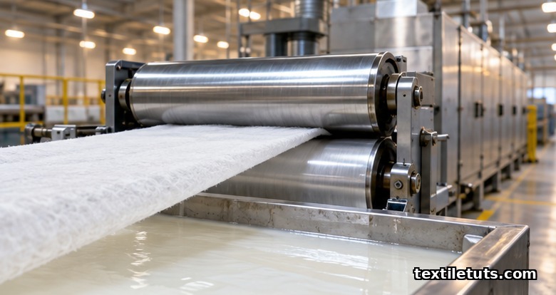 Industrial line showing a white fiber web entering steel nip rollers with a milky binder bath in the foreground and a stenter oven in the background.