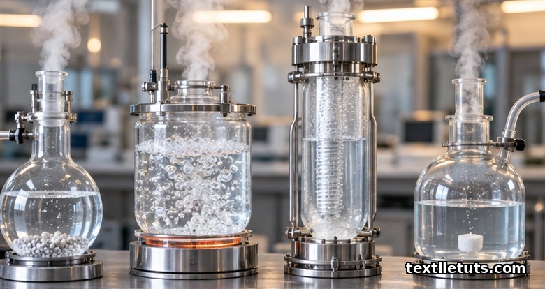 Four glass reaction vessels on a lab bench showing glycolysis, hydrolysis, methanolysis, and enzymatic depolymerization of PET.
