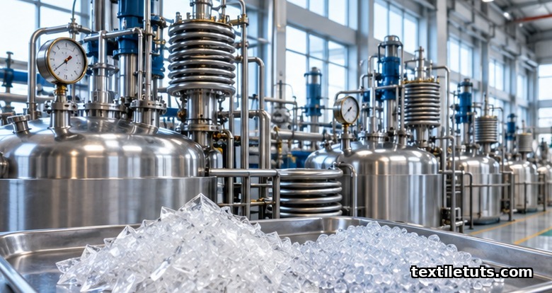 Stainless steel reactor vessels in a chemical textile recycling facility with clear BHET crystals and recycled PET pellets on a steel tray.