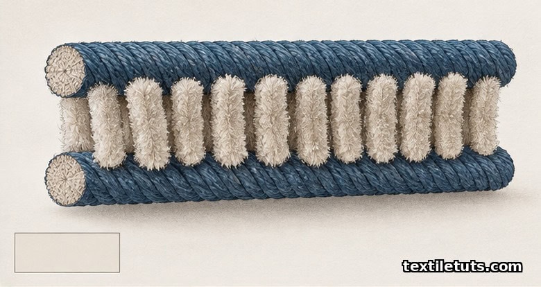 Cut-away schematic of chenille yarn construction showing short pile fibres trapped between two ground yarns forming caterpillar pile.