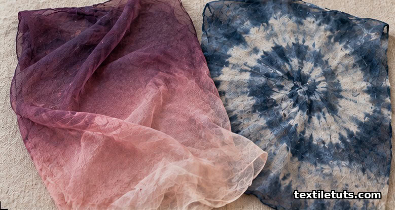 Dyed chiffon samples showing an ombre gradient and a tie-dye swirl pattern on a neutral linen background.