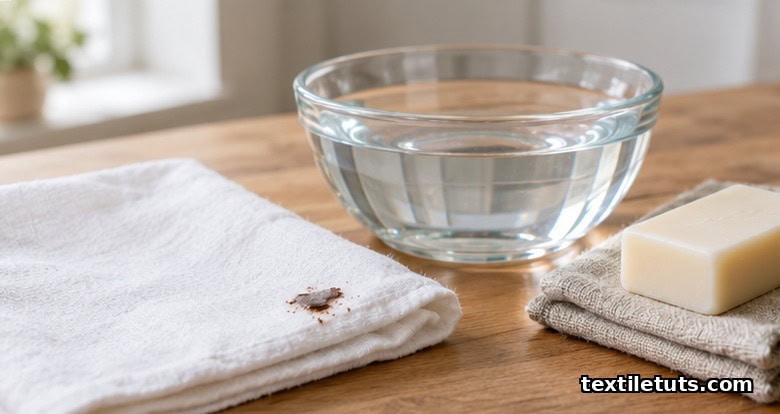 White cotton fabric with chocolate smear beside bowl of water and dish soap on a wooden surface