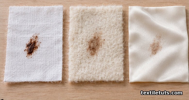 Three fabric swatches of cotton, wool, and silk showing how chocolate stains penetrate differently