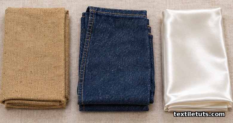 Flat-lay of folded canvas, indigo denim twill, and ivory satin fabrics arranged on a natural cotton backdrop.