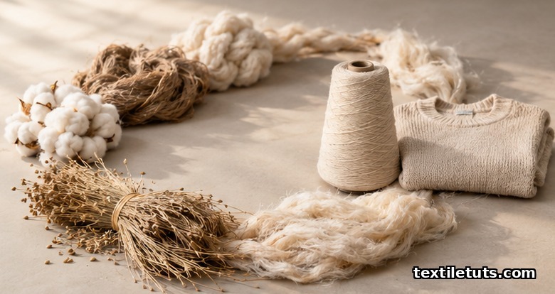 Circular fashion concept showing natural fiber skeins being unraveled and respun back into fresh yarn beside a folded garment.