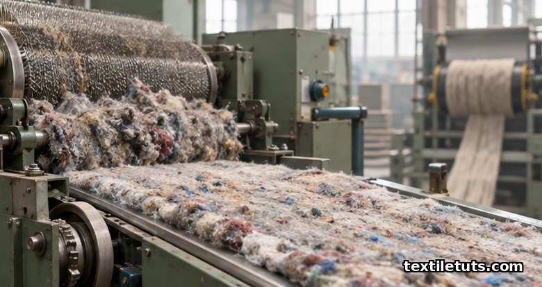 Industrial textile recycling machinery processing shredded post-consumer fabric into a continuous web of reclaimed fiber.