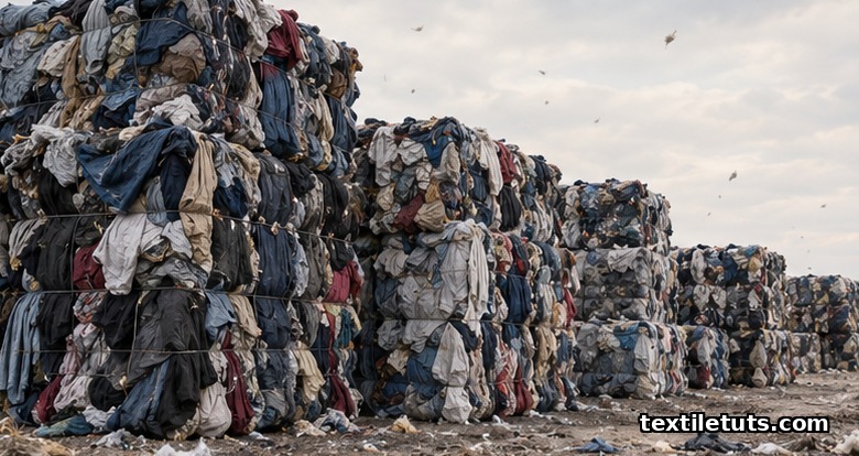Towering bales of discarded textile garments stacked in a sorting facility or landfill corner under overcast natural light.
