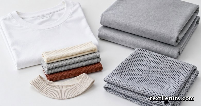 Still-life of circular knit end-use products including a folded T-shirt, ribbed cuff strips, jersey bedsheets, and sportswear mesh fabric.