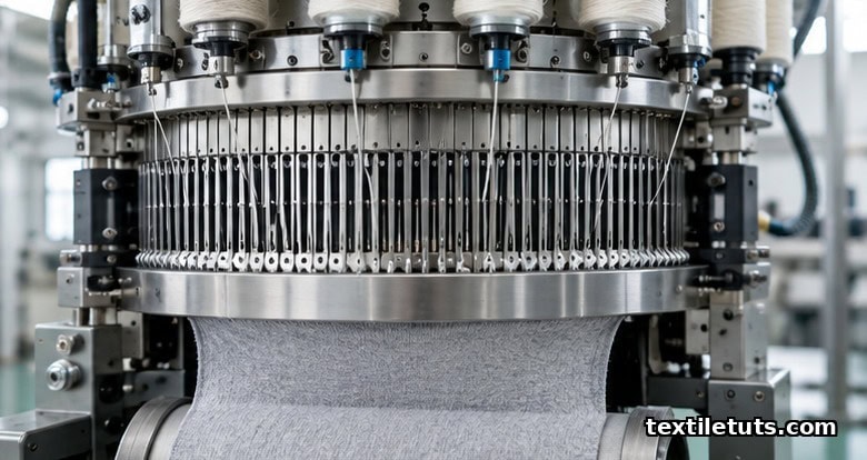 Editorial close-up of a circular knitting machine cylinder with vertical needles and stationary yarn feeders producing continuous tubular fabric.