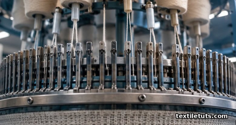 Close-up of a circular knitting machine needle bed with cotton yarn packages feeding through ceramic guide tubes.