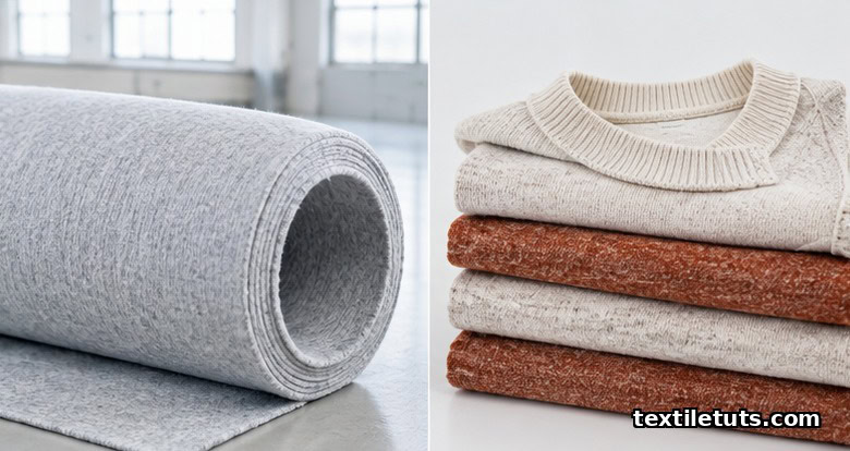 Side-by-side comparison showing a roll of seamless circular knit tubular fabric and folded flat knit sweater panels, illustrating the two knitting processes.