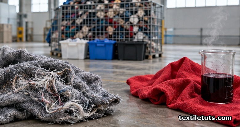 Three barriers to closed-loop textile recycling: tangled poly-cotton blend fabric, dye-stained swatch beside a dye-extraction beaker, and unsorted post-consumer garment pile.