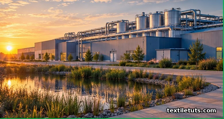 Modern closed-loop denim mill exterior at golden hour with rooftop process tanks and a reed wetland polishing basin in the foreground.