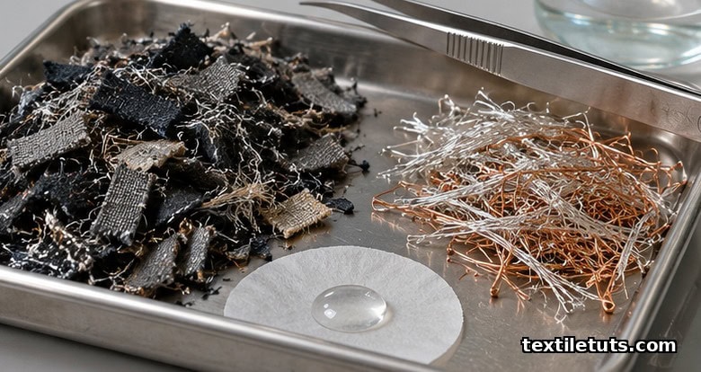 Stainless steel tray holding shredded textile scraps beside recovered silver filaments and copper fragments, with tweezers across the edge.