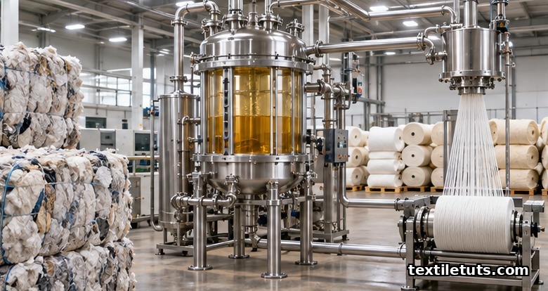 Circular textile manufacturing loop showing post-consumer garment bales entering a depolymerization reactor and exiting as finished recycled fabric rolls.