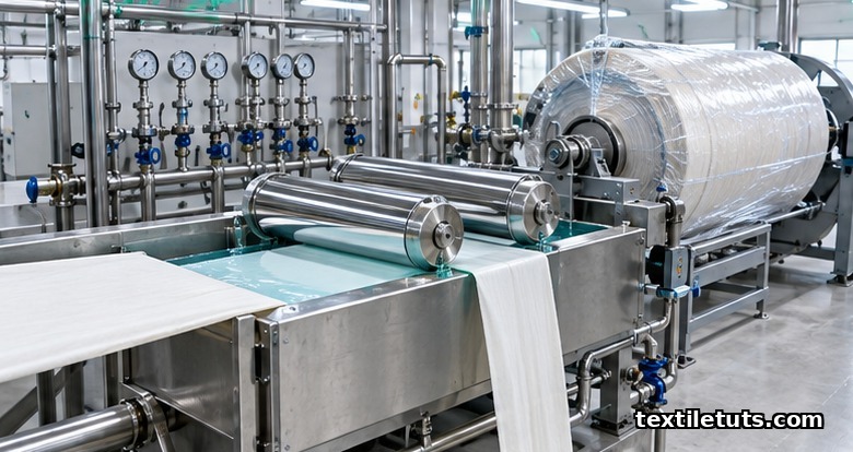 Cold pad batch dyeing line in a textile mill: cotton fabric passes through a padder trough of reactive dye liquor and squeeze rollers toward a plastic-wrapped batching roll.